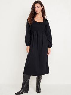 Casual Office Clothes, Long Sleeve Smock Dress, Office Clothes, Flare Midi Dress, Office Casual Outfit, Midi Dress Plus Size, Office Outfits Women, Womens Business Casual, Midi Dress Black