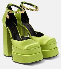 Green Versace Heels, Green Platform Heels, Versace Heels, Platform Pumps Heels, Versace Shoes, Funky Shoes, Green Heels, Cute Heels, Aesthetic Shoes