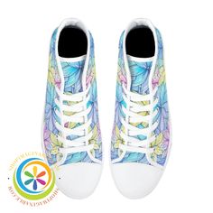 Get ready to stand out in these Striking Floral Ladies High Top Canvas Shoes! With their unique floral design and vibrant colors, these shoes are anything but ordinary. Plus, they're as comfortable as they are eye-catching. You won't be able to resist getting just one pair (we bet you can't!). These are sure to become your go-to "chuck-likes" for any occasion. We create Funky & Fun! Wear-resistant rubber soles for white high-top canvas shoes High-quality canvas upper and cotton lining for a comf High-top Floral Print Sneakers For Spring, Floral Print Textile Lace-up Sneakers, Trendy Floral Print Sneakers With Round Toe, Multicolor High-top Summer Sneakers, Trendy Floral Print Round Toe Sneakers, Spring Colorful High-top Sneakers, Comfortable Multicolor Canvas Shoes For Spring, Summer Multicolor Textile Canvas Shoes, Unique Floral Design