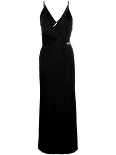 black stretch-design cut-out detailing silver-tone hardware spaghetti straps plunging V-neck V-back floor-length Elegant Formal Maxi Dress With Cut-out Waist, V-neck Cutout Maxi Dress For Evening, Maxi Dress Black, Yoko London, Exclusive Fashion, Black Stretch, Black Maxi Dress, Jacket Tops, Denim Dress