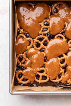 there are pretzels that have been baked in the oven and covered with caramel