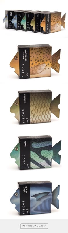 four different types of fish are shown in the same box, and each one has its own name on it