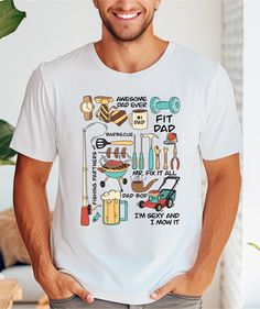 a man wearing a white t - shirt with an image of different things on it