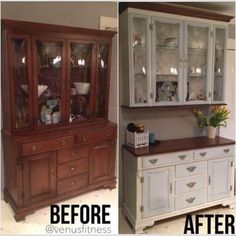 before and after pictures of a dining room hutch with glass doors, wood counter tops, and white cabinets