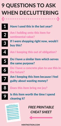 a pink poster with the words questions to ask when decluttering on it