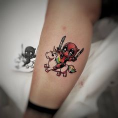 Funny Deadpool Tattoo, Baby Deadpool, Deadpool Unicorn, Deadpool Tattoo, Funny Tattoo, Spiderman Tattoo, Unicorn Tattoo, Avengers Tattoo, Nerd Tattoo