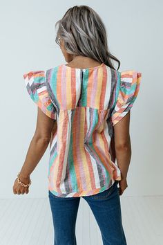 Life's a party, so dress like it in this darling top featuring lightweight material patterned with colorful accent stripes, a high rounded neckline, tiered ruffle cap sleeves, and a relaxed silhouette that falls into a straight hemline!   Measurements XS variant has  a Bust of 34",  a Hip of 42",  a Length of 23",  a Sleeve Length of 3.5",  a Waist of 38".  S variant has  a Bust of 36",  a Hip of 44",  a Length of 23.5",  a Sleeve Length of 3.5",  a Waist of 40".  M variant has  a Bust of 38", Plus Size Mini Dresses, Bodycon Floral Dress, Plus Size Outerwear, Cap Sleeve Top, Swimsuits High Waisted, Plus Size Sweaters, Rounded Neckline, Jeans Size Chart, Skirt Design