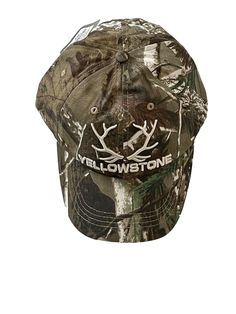 a cap with the words yellowstone on it and deer antlers in white letters that read yellowstone