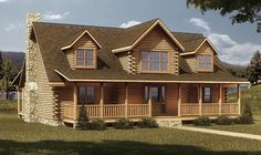 a large log cabin home with porches on the front and second story is shown