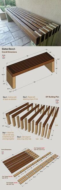 Handcrafted wooden table Outdoor Bench Plans, Modern Bench Outdoor, Diy Bank, Slat Bench, Diy Bench Outdoor, Bench Plans, Wooden Projects