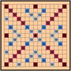 the scrabble game is shown in red and blue, with words on it