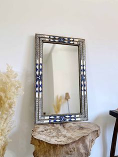 a mirror sitting on top of a wooden table Full Length Mirror Gold, Bone Inlay Mirror, Moroccan Mirror, Black Mirror Frame, Moroccan Wall, Bronze Mirror, Brass Mirror, Blue Frame, Bone Inlay