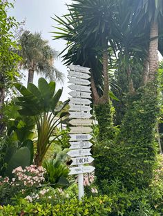 a white sign sitting in the middle of a lush green field next to palm trees