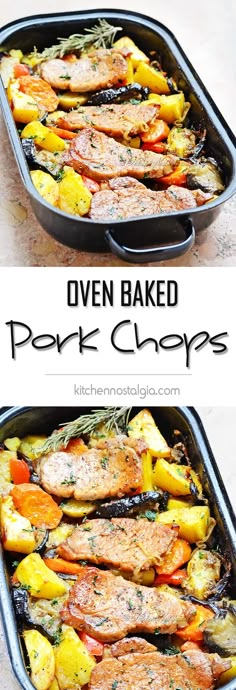 oven baked pork chops with potatoes and carrots in a baking pan on a table