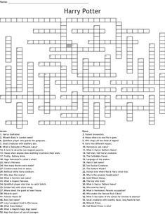 the harry potter crossword is shown in black and white, with words below it