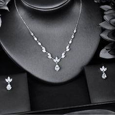 Wedding Jewelry - Cubic Zirconia Bridal Jewelry Set - Available Silver and Rose Gold Diamond Earrings And Necklace Set, Modern Gold Jewelry Sets, Italian Silver Jewelry, Delicate Bridal Jewelry, Simple Bridal Necklace, Long Diamond Necklace, Silver Prom Jewelry, Bridal Necklaces, Formal Necklace