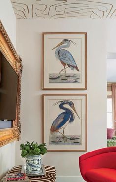 two framed birds are hanging on the wall above a red chair and footstool