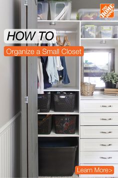 an organized closet with white drawers and plastic bins