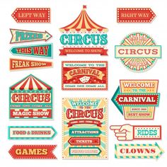 an assortment of circus signs and stickers