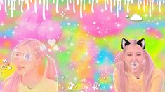 two girls with cat ears and pink hair are in front of a colorful background that has stars