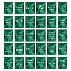 twelve green book covers with the words, love and games on them