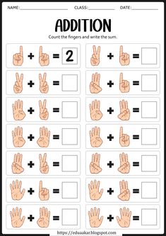 addition worksheet with hands and numbers to help students learn how to use them