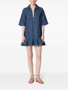 Valentino Garavani Peplum Denim Dress - Farfetch Indigo Short Sleeve Denim Dress, Chic Dark Wash Denim Dress With Short Sleeves, Denim Blue Ruffled Short Sleeve Dress, Denim Blue Short Sleeve Dress With Ruffles, Denim Blue Dress With Ruffles And Short Sleeves, Short Sleeve Denim Dress With Ruffles, Ruffled Short Sleeve Denim Dress, City Dress, Peplum Hem