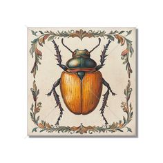 a painting of a beetle with leaves and vines on it's back side, in an ornate frame