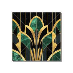 an art deco style painting with green and gold accents on black marble, featuring leaves