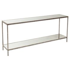 a metal shelf with two glass shelves on each side and an empty shelf below it