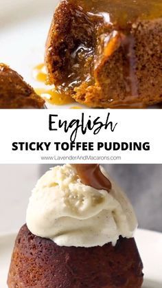 two pictures showing different types of puddings on plates with the words english sticky toffe pudding