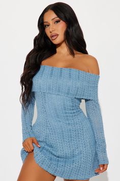 Available In Dusty Blue. Mini Dress Off Shoulder Neckline Long Sleeve Lined Stretch Length = 33" Self: 90% Nylon 10% Spandex Lining: 100% Polyester Imported | Margeaux Mini Dress in Dustyblue size XS by Fashion Nova Mini Dress Off Shoulder, Dress Off Shoulder, Dress Dusty, Blue Mini Dress, Bodycon Fashion, Aesthetic Collage, Matching Dresses, Shoulder Sweater, Dusty Blue