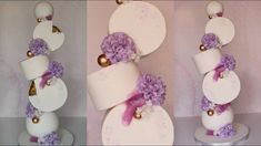 two pictures of cakes decorated with flowers on top of each other, one is white and the other is purple