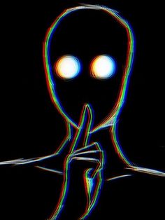 an alien with two glowing eyes and one pointing at something in the dark, while holding his finger to his mouth