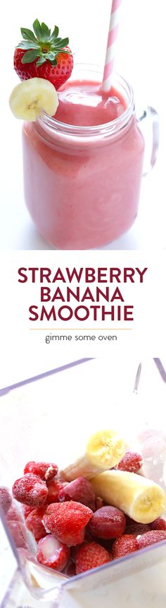 strawberry banana smoothie in a glass container with strawberries