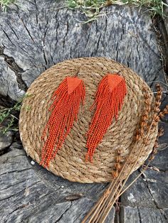 Bohemian Orange Fringe Earrings, Orange Fringe Dangle Earrings, Orange Beaded Fringe Dangle Earrings, Orange Bohemian Tassel Earrings With Dangling Beads, Orange Fringe Beaded Earrings As Gift, Orange Beaded Dangle Tassel Earrings, Orange Beaded Fringe Earrings As Gift, Orange Fringe Beaded Earrings For Gift, Orange Beaded Fringe Earrings With Round Beads