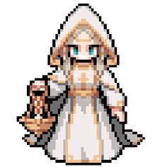 a pixel art image of a woman in a white dress holding a baseball mitt