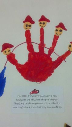 an image of children's handprint with three little red men on it and the caption that says, five little red men are sleeping in a row