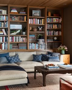 a living room filled with lots of furniture and bookshelves covered in shelves full of books