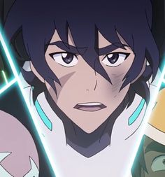 an anime character is staring at the camera with two glowing lights in front of him