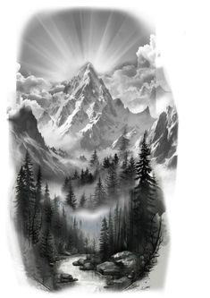 a drawing of mountains and trees with the sun shining through clouds in the sky above them