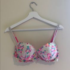 Vs Pink Bra Size 34d. Lace With Floral Design. Pretty Colors. Good Condition. Spring Floral Print Multicolor Bra, Spring Floral Print Push-up Bra, White Push-up Bra For Summer, White Padded Bra For Spring, Spring White Padded Bra, Pink Bras, Vs Pink Bras, Victoria Secret Pink Bras, Pink Lace Bralette