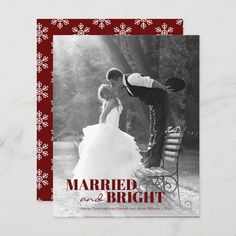 a red and white christmas card with the words married and bright on it, featuring a photo of a bride and groom kissing