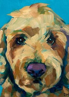 a painting of a dog's face on a blue background