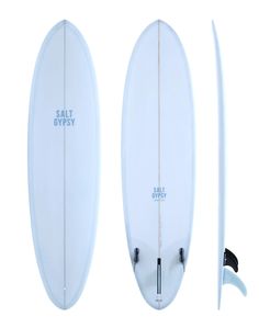 two surfboards are shown side - by - side, one is white and the other is blue