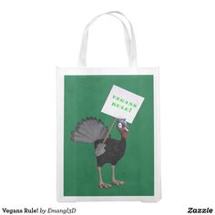 a bag with a turkey holding a sign