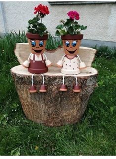 two potted plants sitting on top of a tree stump