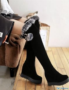 OrcaJump - Womens Over The Knee Boots Hidden Heel Round Toe Minimalist Nubuck Loafers for Fall/Winter in Solid Flat Black Winter Boots, Boots Luxury, Women's Over The Knee Boots, Platform Wedges Shoes, Womens Designer Boots, Winter Heels, Fur Boots, Designer Boots, Rubber Heels