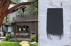 a house with a tree next to it and an image of a chair in front of the house