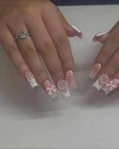 Pink French Tip Nails With Charms, White French Tip Designs, Short French Tip Nails With Design, Short Acrylic Nails With Hello Kitty Charms, French Tip Nails With Butterfly Charm, French Tip With Hello Kitty Charm, Pink French Tip Nails Charms, Short French Tip Nails, French Tip Design